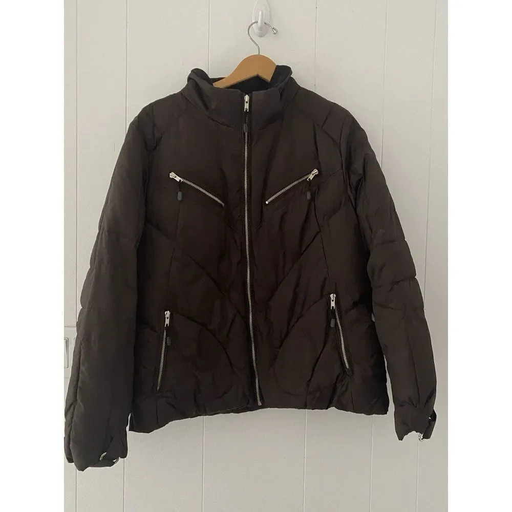 Women's Style & Co. XL Sport Brown Puffer Jacket Gold Zippers built in hood